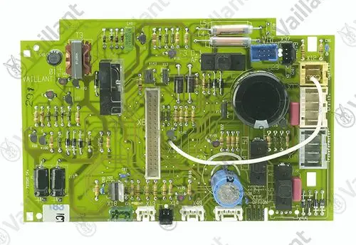 Leiterplatte von Vaillant, ausgestattet mit verschiedenen elektronischen Komponenten, Steckverbindern und Widerständen, zur Verwendung in Heizungsanlagen.